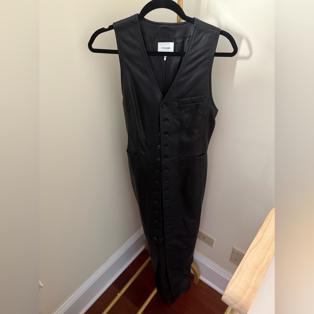 Frame Learher Black Button-Down Midi Dress